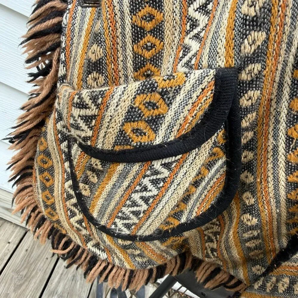 Vintage Hooded Southwestern Toggle Poncho Cape